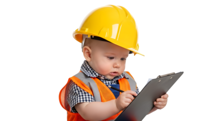 Child wearing safety vest costume with clipboard, isolated on transparent background PNG