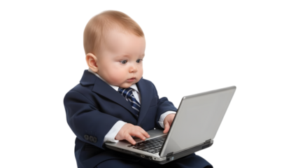 Baby wearing suit using laptop, isolated on transparent background PNG