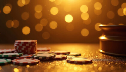 Casino chips are scattered on a shiny golden surface with bokeh lights. A roulette wheel is visible in the background. Theme of chance luck and fortune.