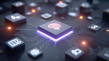 Futuristic Circuit Board with Artificial Intelligence Symbol Surrounded by Glowing Icons and Microchips Representing Advanced Technology and Innovation