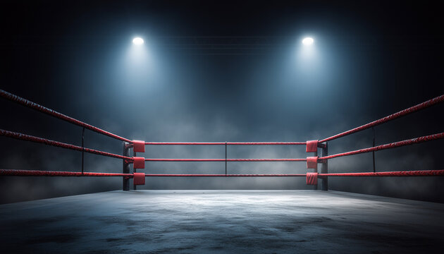Empty wrestling ring under dramatic spotlights in a smoky arena.