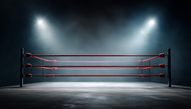 Empty wrestling ring under dramatic spotlights in a smoky arena.