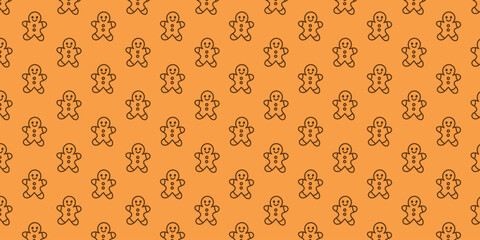 Fototapeta premium Festive seamless pattern featuring delightful gingerbread cookie outlines on a warm orange background, perfect for holiday season designs, baking themes, and digital decor