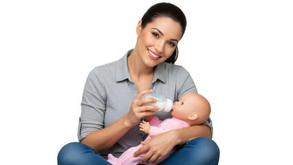 sitted latin young man feeding the baby with bottle, isolated on transparent background PNG