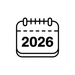 Outline icon of a calendar page displaying the year 2026 for scheduling and planning