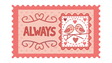Naklejka premium Retro pastel stamp showcasing two birds perched on a branch with hearts and the word always
