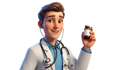 male doctor holding a small bottle of medicine, isolated on transparent background PNG