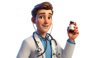 male doctor holding a small bottle of medicine, isolated on transparent background PNG