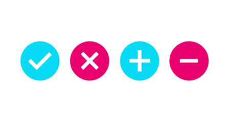Four glowing neon-like circular icons checkmark x plus and minus symbols