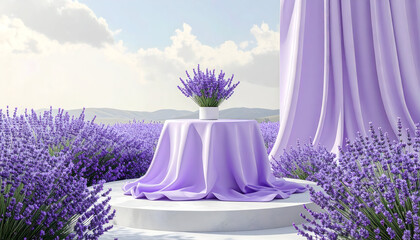 Lavender bouquet placed on a fabric-covered pedestal in an endless purple field, combining nature and elegance for premium wellness, perfume, or lifestyle product visuals.