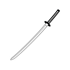 Minimalist black and white line art illustration of a traditional japanese katana sword