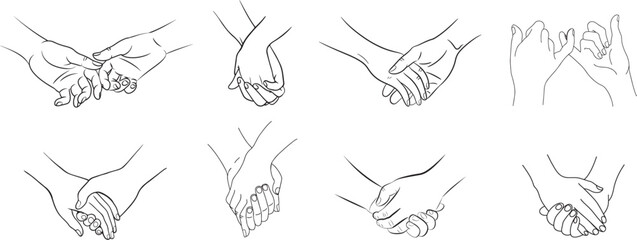 Collection of close up of a couple hands Outline collection, hands of a couple are holding each other, vector outline design. 
