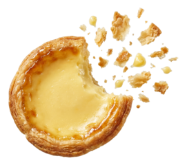 Custard-filled tart, missing a bite, with a spray of pastry bits.