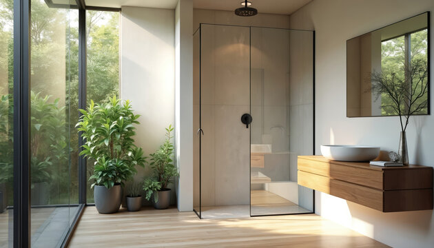 Modern bathroom corner with glass shower stall sink vanity and large windows. Green plants add natural element to the clean interior design. Wood floor offers warmth and style.