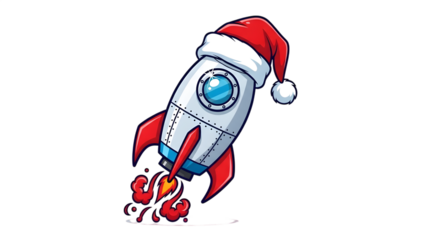 flying rocket with santa hat, isolated on transparent background