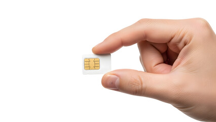 Hand holding small SIM chip card, isolated on transparent background PNG
