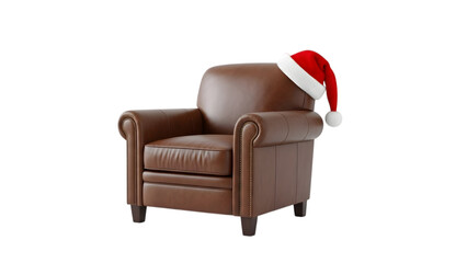 leather armchair with santa hat, isolated on transparent background PNG