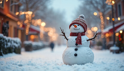 Obraz premium Happy snowman in winter Christmas town street