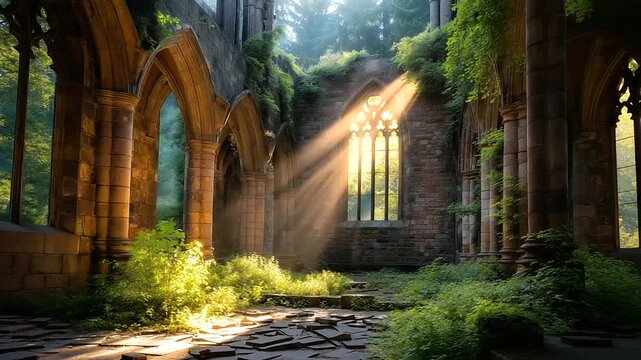Abandoned Gothic church ruin with ivy climbing stone pillars, broken floor tiles and sunlight streaming through tall arched window, atmospheric decay, romantic ruins, defocused ove