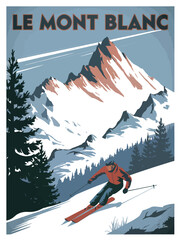 Le Mont Blanc vintage ski poster showcasing a downhill skier, dramatic alpine peaks, evergreen forests, and classic retro-style winter sports artwork ideal for travel and adventure themes