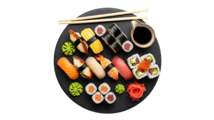 platter of assorted sushi flat lay, isolated on transparent background PNG