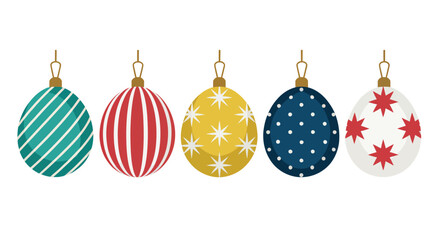 Christmas ornament baubles vector set, festive holiday decorations with striped star and polka dot patterns, elegant hanging glass balls for winter celebrations seasonal branding and greeting designs