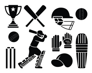 Cricket sport equipment icon set, professional match essentials, bats balls helmets pads gloves trophies, minimal black vector symbols for teams training tournaments branding