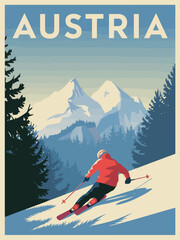 Austria alpine skiing travel poster featuring a downhill skier, snowy mountain landscape, evergreen forest silhouettes, and vintage-style winter sports tourism artwork, perfect for seasonal promotion