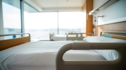 Hospital room with empty beds and white linens