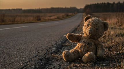 Ours en peluche marron, sale et abandonn&eacute;, assis au bord d'une route rurale asphalt&eacute;e au coucher du soleil avec un champ et une for&ecirc;t en arri&egrave;re-plan