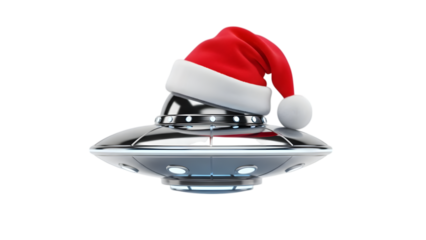 chromed ufo with santa hat, isolated on transparent background PNG