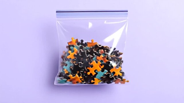 A clear plastic bag containing colorful puzzle pieces, held against a soft purple background