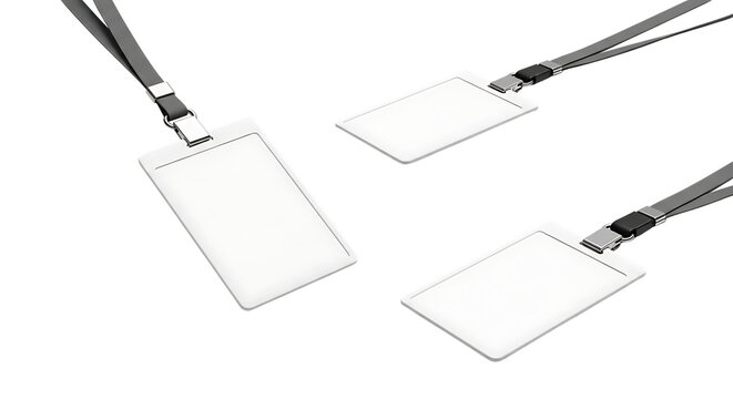 Blank white id badges with lanyards ready for customization and identification