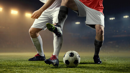 Fast paced football action with two players legs battling for ball on stadium pitch. Concept of explosive movement, speed and agility, dynamic game intensity for sports advertising and digital media.