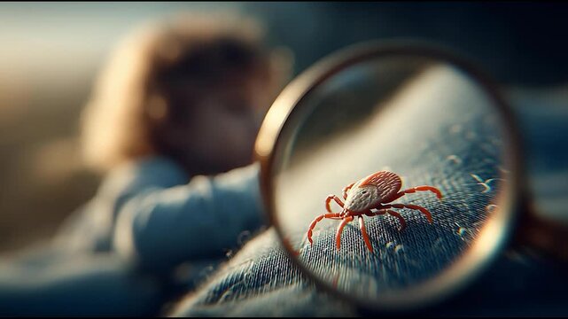 Tick on child's clothing magnified with magnifying glass outdoors, concept of tick prevention and awareness