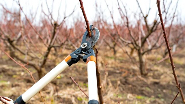 Pruning tool cutting a small branch in an orchard setting with blurred rows of trees in the background