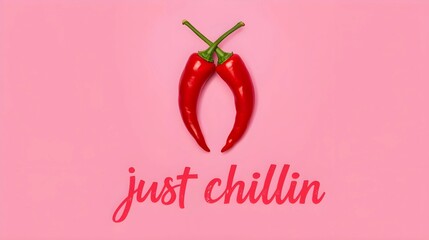 Two red chili peppers are crossed at the stem against a pink background, with the phrase "just chillin" written in a stylized, cursive red font below them.