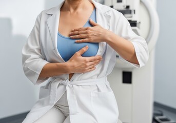 Breast cancer prevention concept. Background of female breasts in a bra in the office of mammography.