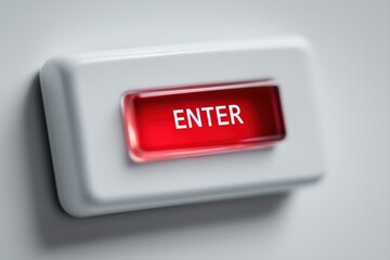 Red illuminated ENTER button for medical interface, rectangular seamless touchscreen with smooth glass surface, designed for urgent healthcare procedures and clinical UI confirmation actions