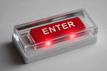 Red illuminated ENTER button in transparent casing for medical interface use, clean rectangular design with soft lighting, modern healthcare control panel style for hospital software diagnostics UI