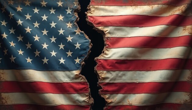 Tattered American flag torn in half. Ripped fabric with faded stars and stripes shows wear and age. Represents division, decay, or hardship affecting the nation. Black background emphasizes distress.