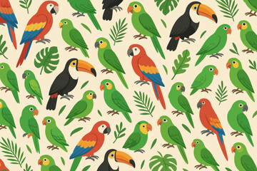Colorful birds and tropical plants fill the background in a lively pattern suitable for decoration or textiles