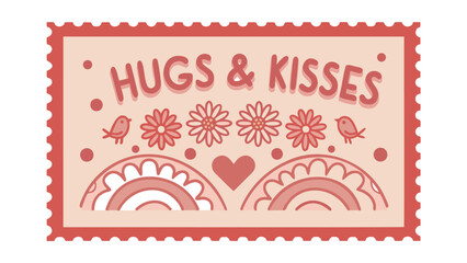 Obraz premium Vintage style nature themed postal stamp with blooming daisies and decorative elements in soft red hues