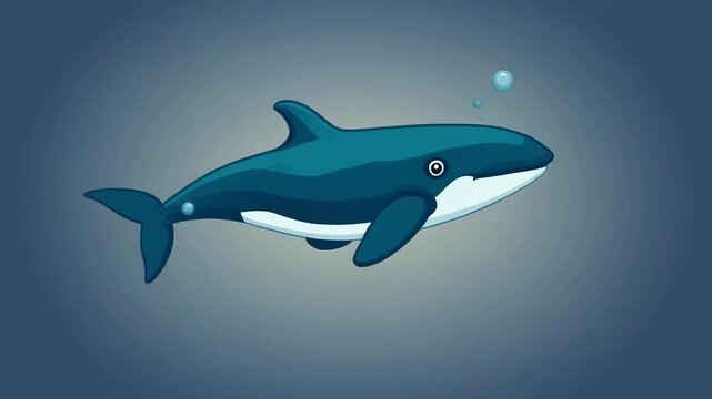 Cute Cartoon Orca or Dolphin Swimming Playfully Underwater with Bubbles