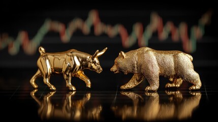 Golden Bull and Bear Statues Representing Market Trends and Financial Growth with Abstract Stock Chart in Background