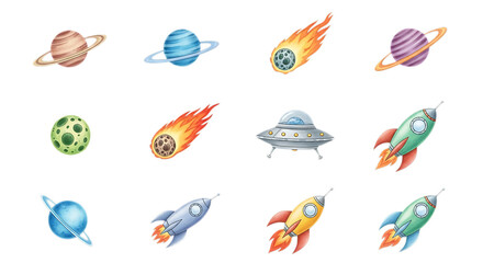Cosmic collection planets spaceships rockets ufos and comets in space graphic elements
