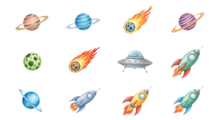 Cosmic collection planets spaceships rockets ufos and comets in space graphic elements