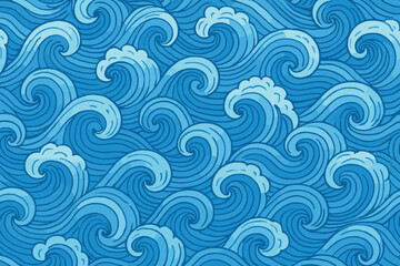 Design of blue waves with various sizes and shapes creating a flowing pattern in the water