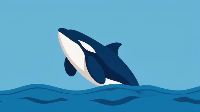 Cartoon Orca Killer Whale Breaching Ocean Waves at Sunset or Sunrise with Moon