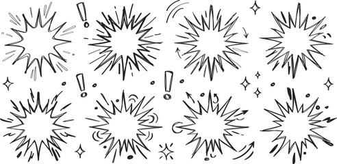 Line speed cartoon effect element set with boom explosive motion lines. Comic boom burst, explosive smoke and speed line vector icons in hand drawn sketch doodle action style.